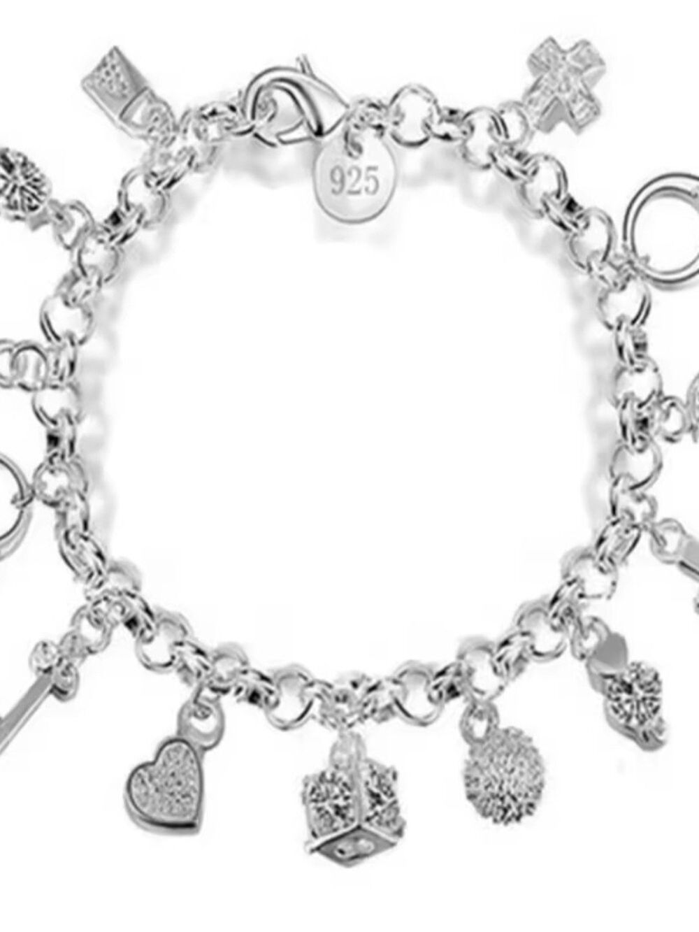 Sterling Silver Charm Bracelet Ring Set Silver - Picture 5 of 7